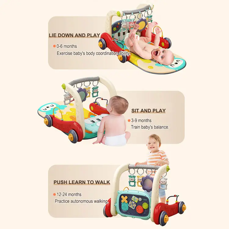 KSF 3 in 1 Infants Baby Walker Activity Center Kick Piano Keyboard Baby Play Gym Mat Sit-to-Stand Learning Walker Children Toys
