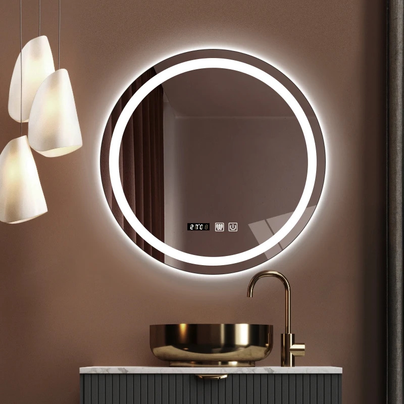 Custom Sample Hotel Villa Single Double Switch Degogger Bath Led Mirrors Round With Time Clock Display