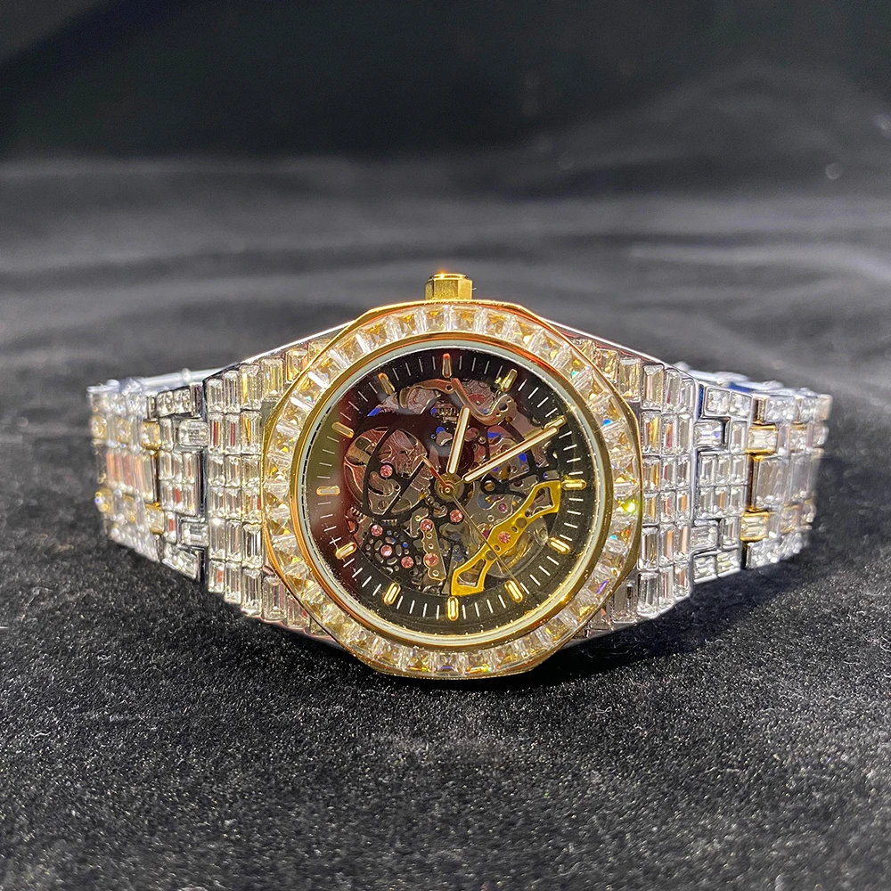 New Luxury MISS FOX Brand Gold Hollow Automatic Mechanical Watches Men Iced Out Moissanite Fashion Watch Waterproof Clock