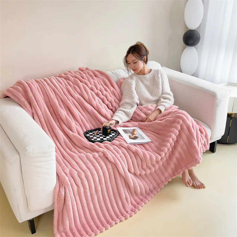 Oem Luxury Warm Stripe Dye Rabbit Faux Fur Blanket Throw Blankets For Winter