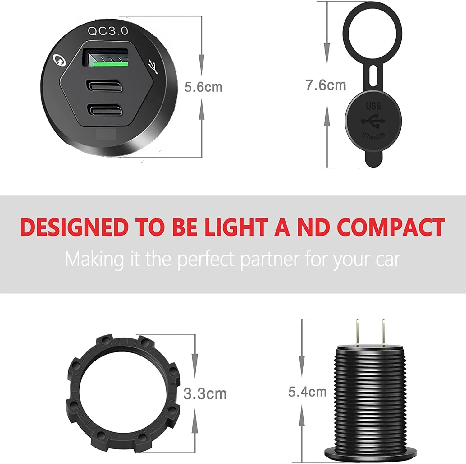 USB C Car Charger Socket 12V USB Outlet with 18W Dual PD Ports & 18W QC 3.0 Quick Charge Fast USB Type C Car Adapter for Car