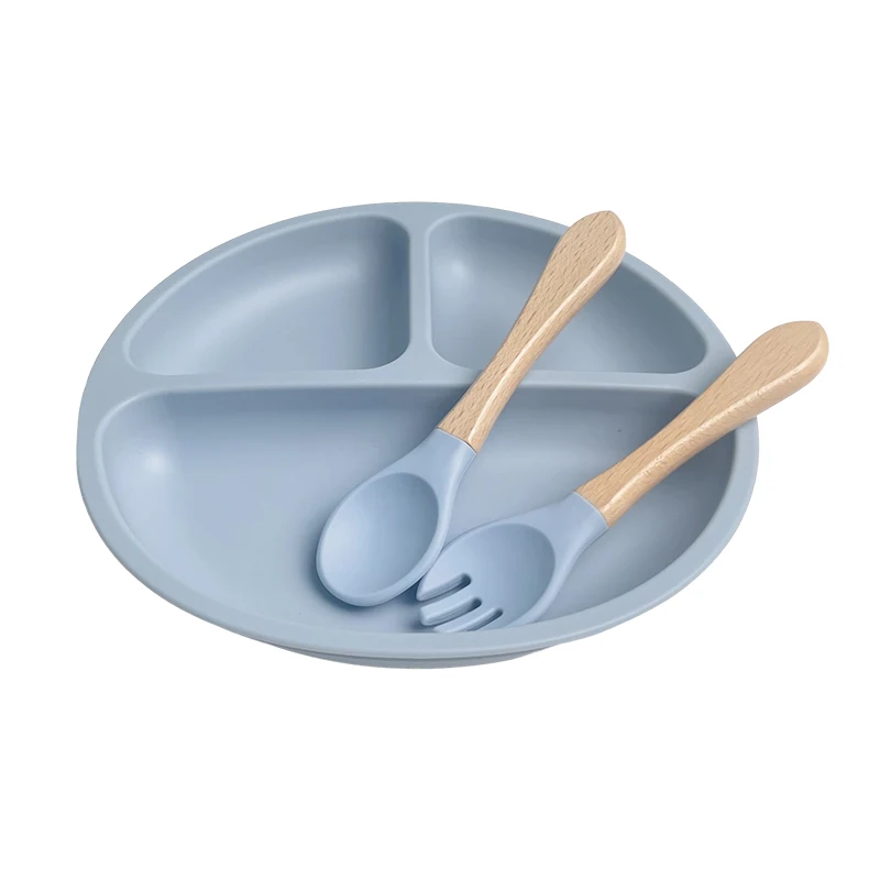 High quality kids Safety Non-toxic Food Grade Bamboo Wooden Kids Handle Baby Feeding Silicone Fork And Spoon Set