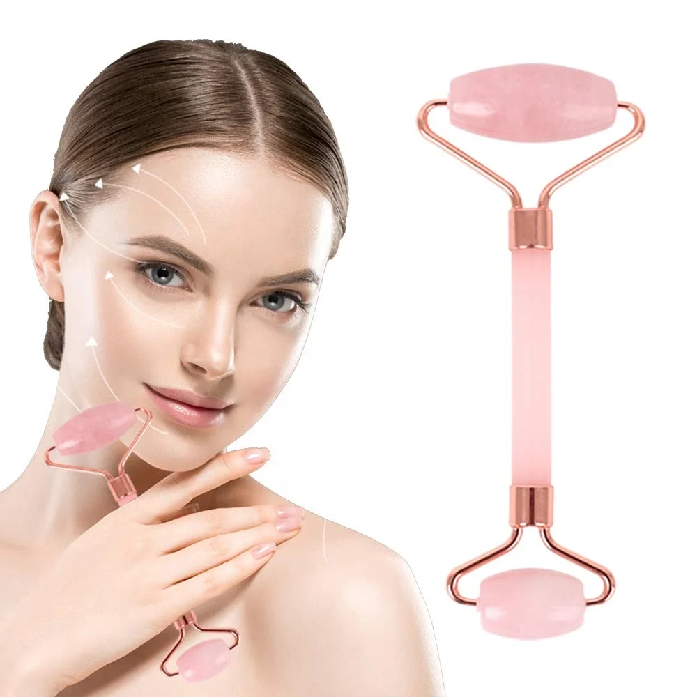 IFINE Beauty Custom 100% Real Natural Rose Quartz Facial Massage Jade Roller Anti Aging Double Head Rose Quartz Massage Roller