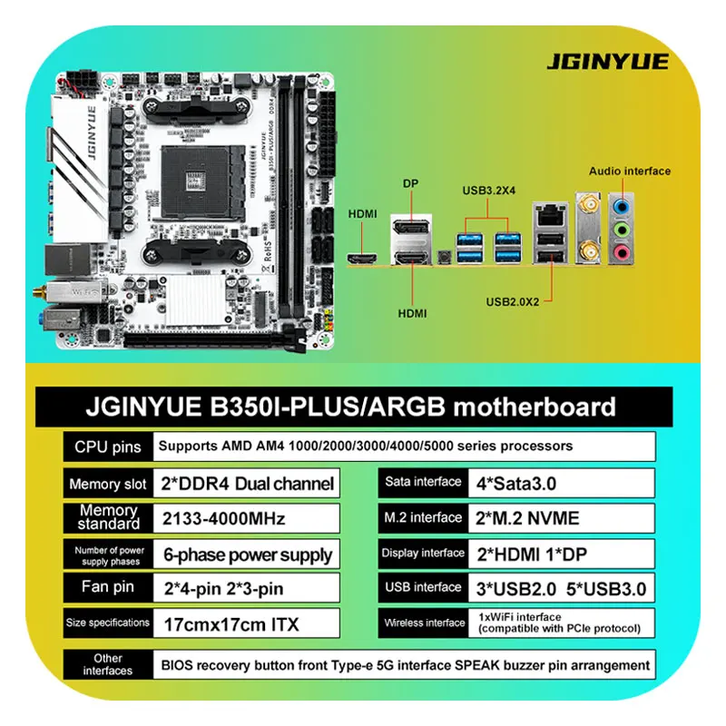 JGINYUE B350 AM4 настольная материнская плата mini itx B350i PLUS ARGB поддерживает AMD Ryzen2000-4000 серии ЦП DDR4 оперативная память с Wi-Fi