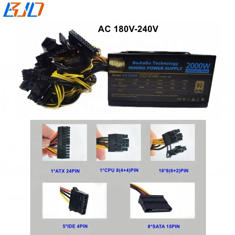 2000 Вт ATX импульсный источник питания 180-240 В PSU 80 Gold Plus для 8 графических карт GPU Rig в
