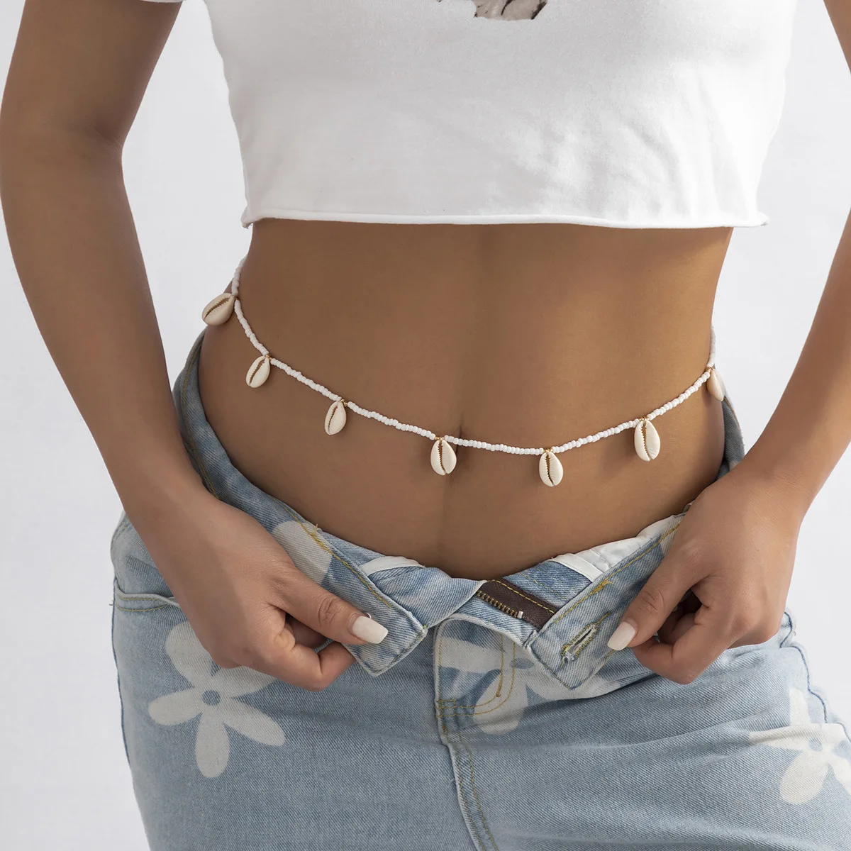 European and American beach style shell sexy waist chain single circle rice bead braided body chain