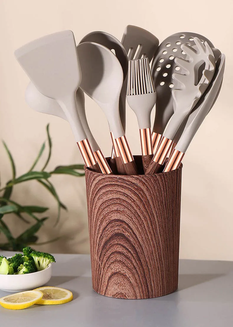 11 PCS Wooden Handle Ins Silicone Spoon Spatula Turner Tongs Kitchen Gadgets Utensil Set for Nonstick Cookware