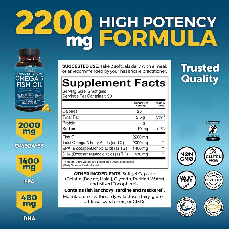 180 Count Omega 3 Fish Oil Supplement 2200 mg per Serving Fatty Acid Supplements with EPA DHA & Omega 3