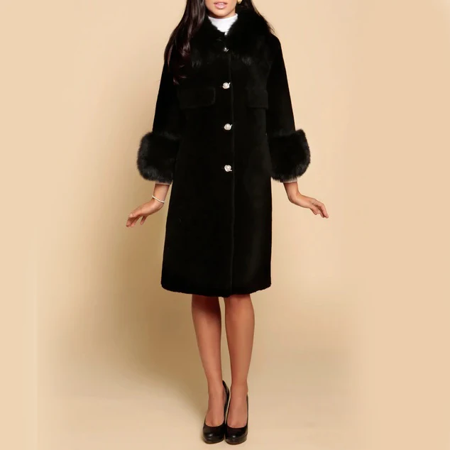 OEM/ODM women Grey Full-length Women Alpaca Wool Coat With Real Fox Fur