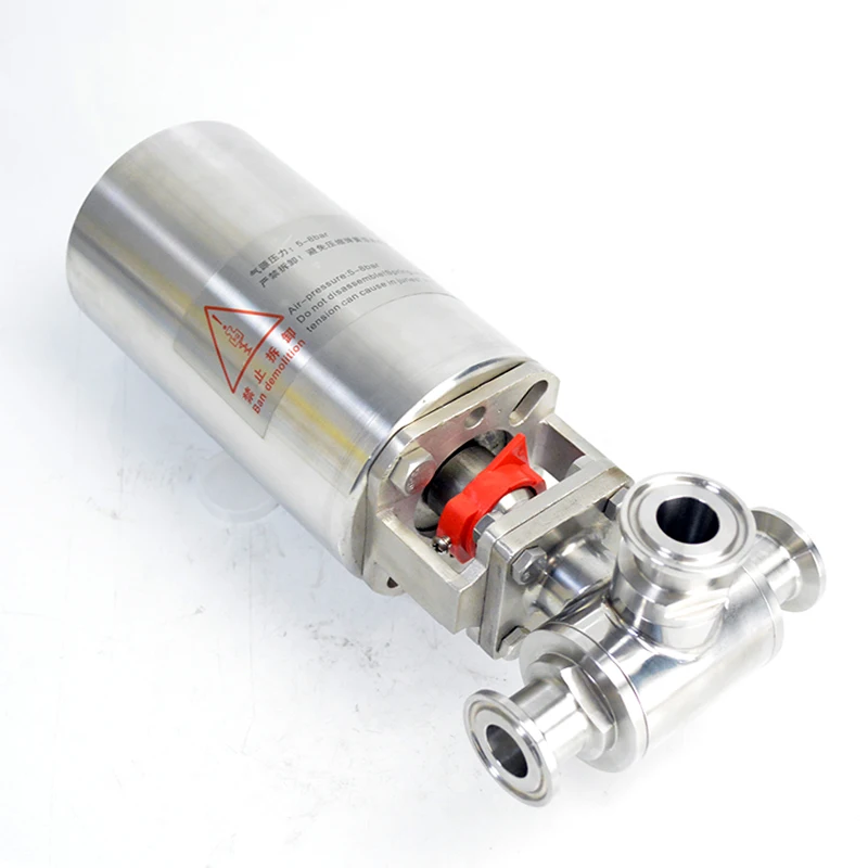 Sanitary Stainless Steel SS316L DN32 T Type Tri Clamp 3 Way Ball Valve With Stainless Steel Pneumatic Actuator