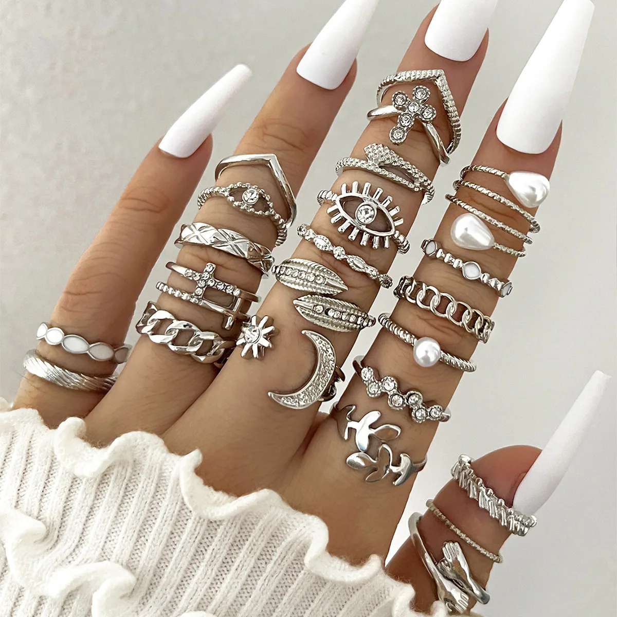 23pcs/set Shining Sun Moon Eye Ring Set for Women Rhinestone Cross Glossy Leaf Pearl Rings Set Girl Female Party Jewelry