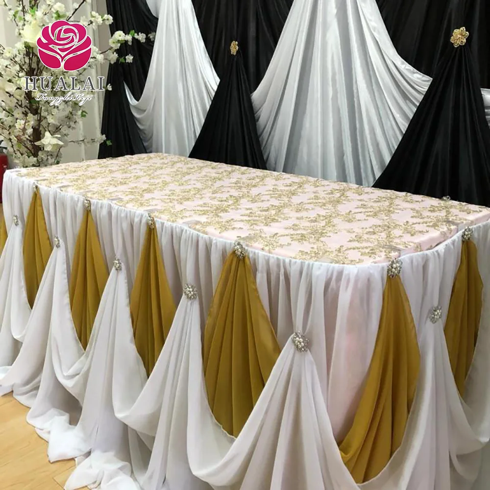 high quality Luxury Fashion Design long table gold pooling icy silk beautiful table skirt skirting for wedding