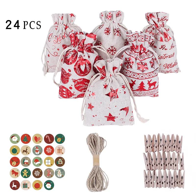24pcs set Gold stamp printing linen cotton drawstring bag jewelry pouches party festival candy bags christmas gift bags