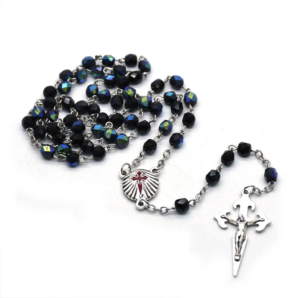 Aquamarine Rosary Necklace San Diego Santiago Shell Red Cross Rosary Prayer Beads Jewelry Colorful Crystal 6mm Necklaces