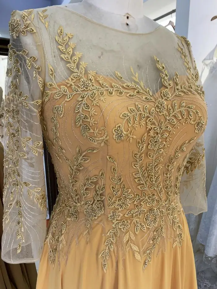 Mustard plus size Embroidery beading long sleeve full back chiffon A line skirt mother of the bride evening dresses for wedding
