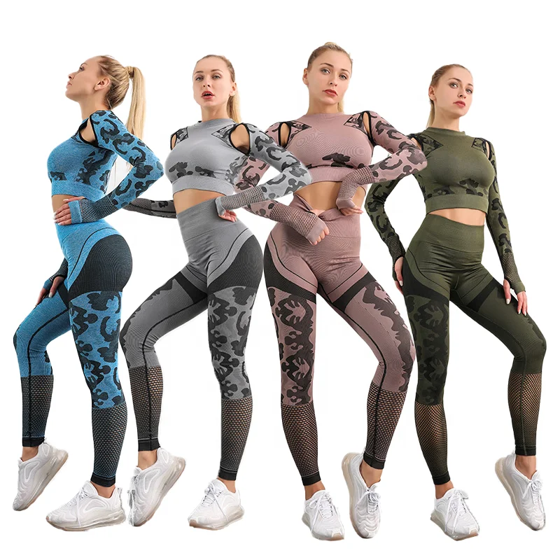 
Camouflage 2pcs yoga suits women seamless sports long sleeve tight gym fitness clothing 