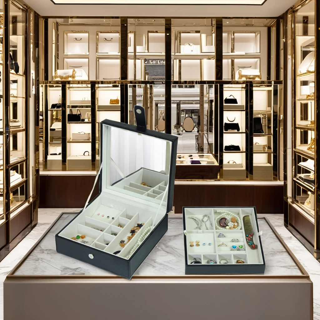 Sonny Luxury Black Leather Jewelry Box Fashionable Jewelry Packaging with Mirror for Necklaces and Bracelets Storage