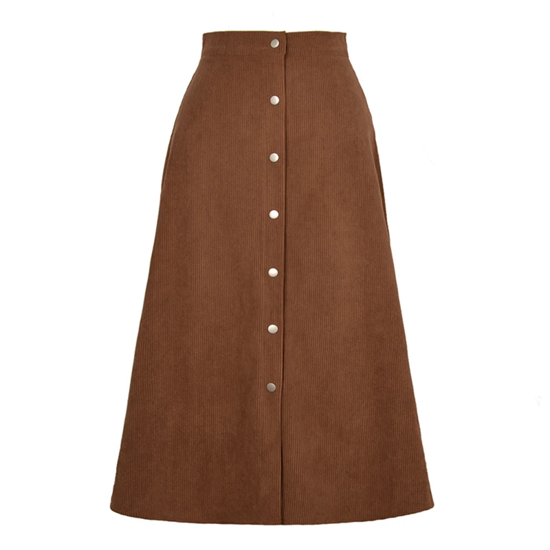 Channel Casual Women High Waist Button Front A Line Corduroy Midi Skirts Fall
