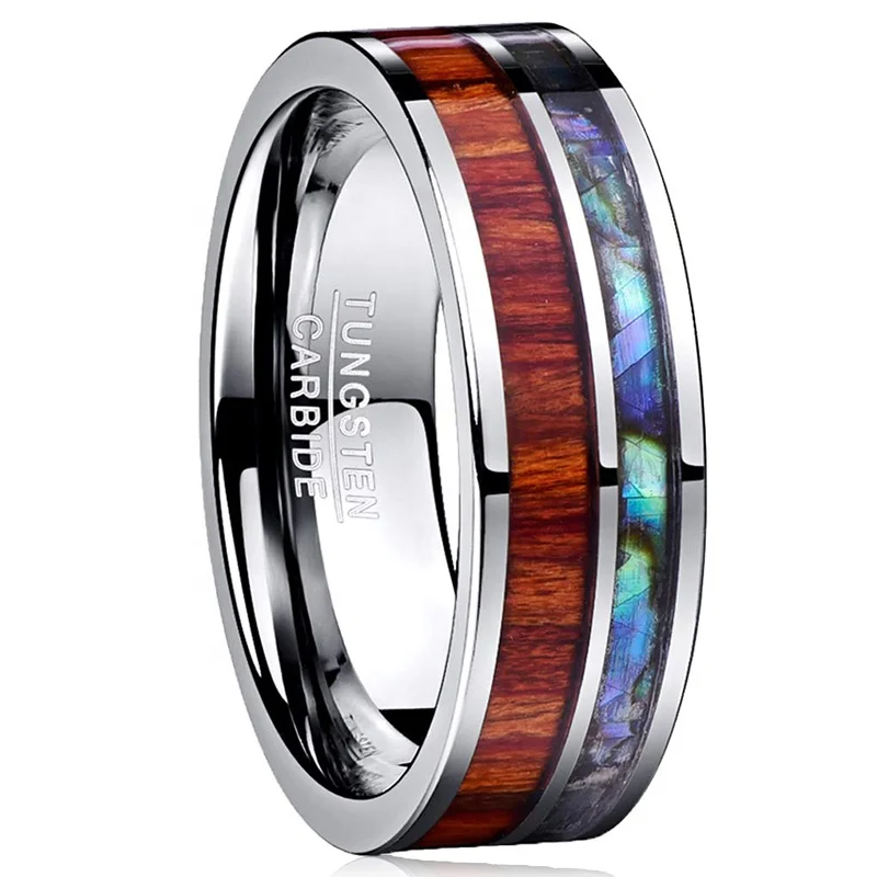 Customized Men Metal Flat Water Resistant Tungsten Carbide Dual Ring with Wood Colorful Shell Inlay