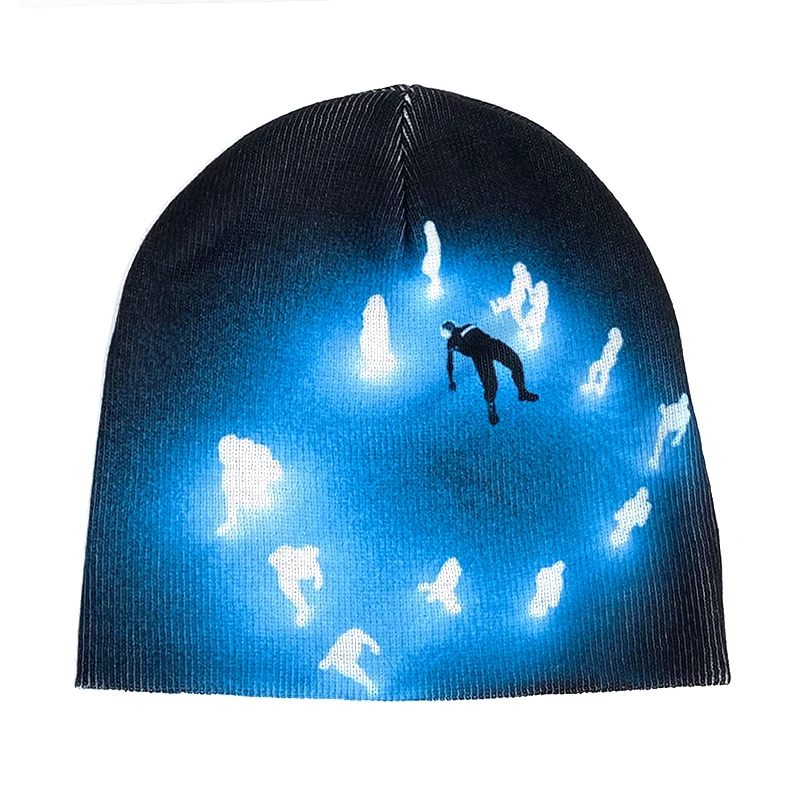 custom knitted hat logo printed jacquard all around sublimation print cuffless beanie