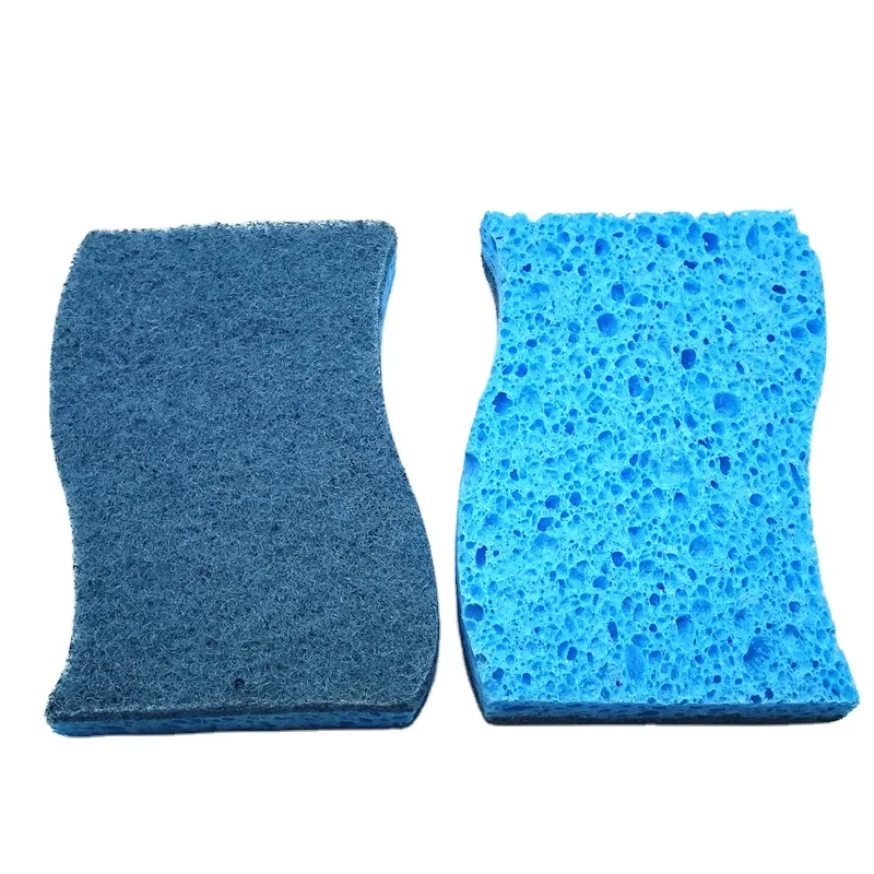 Amazon Hot Sale Blue Wavy Vegetable Biodegradable Skin-Friendly Kitchen Cleaning Cellulose Sponge Scrubber Sponge Scouring Pad
