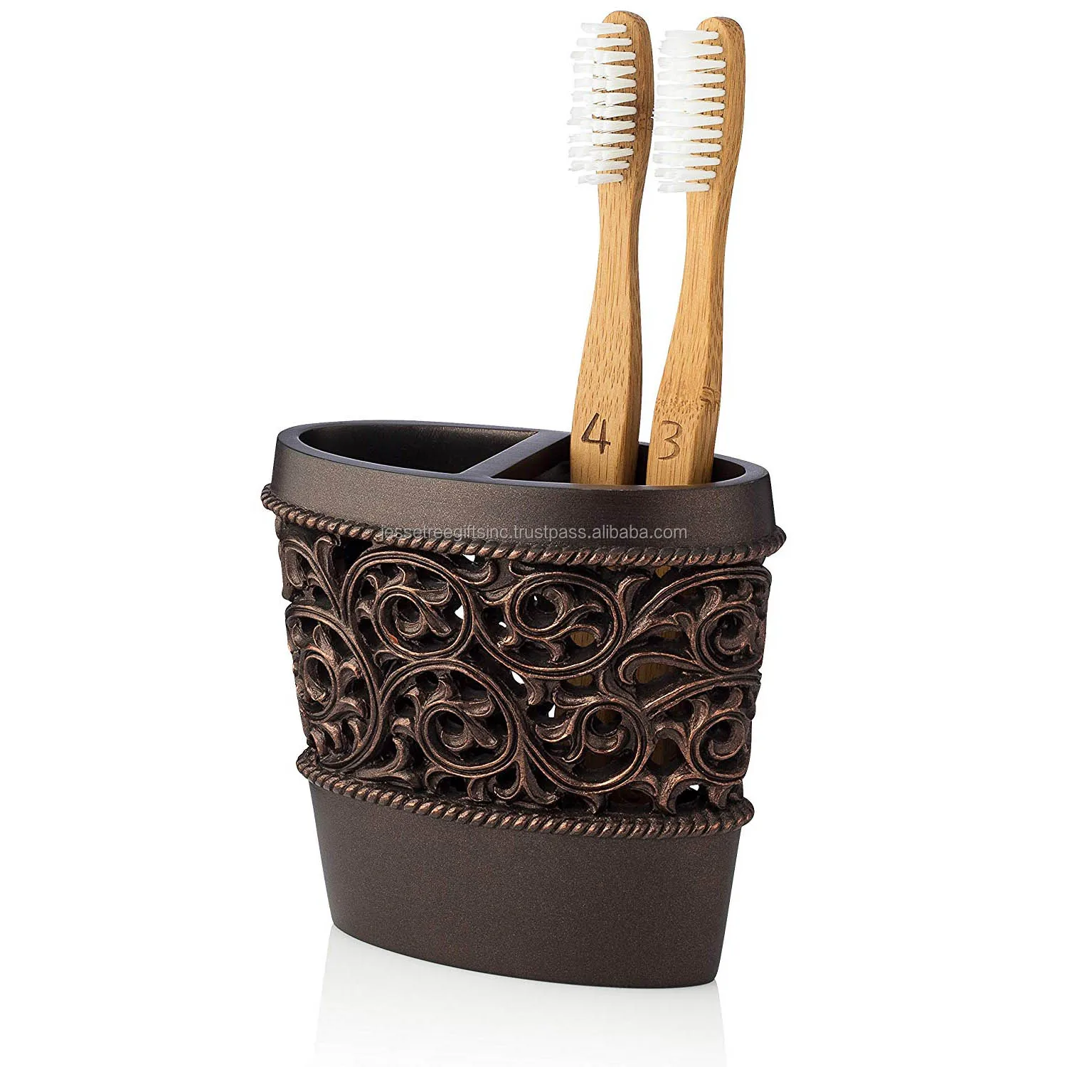 Metal Toothbrush Holder With Brown Spray Paint Finishing Oval Shape Embossed Design Good Quality For Organizer Wholesale Price