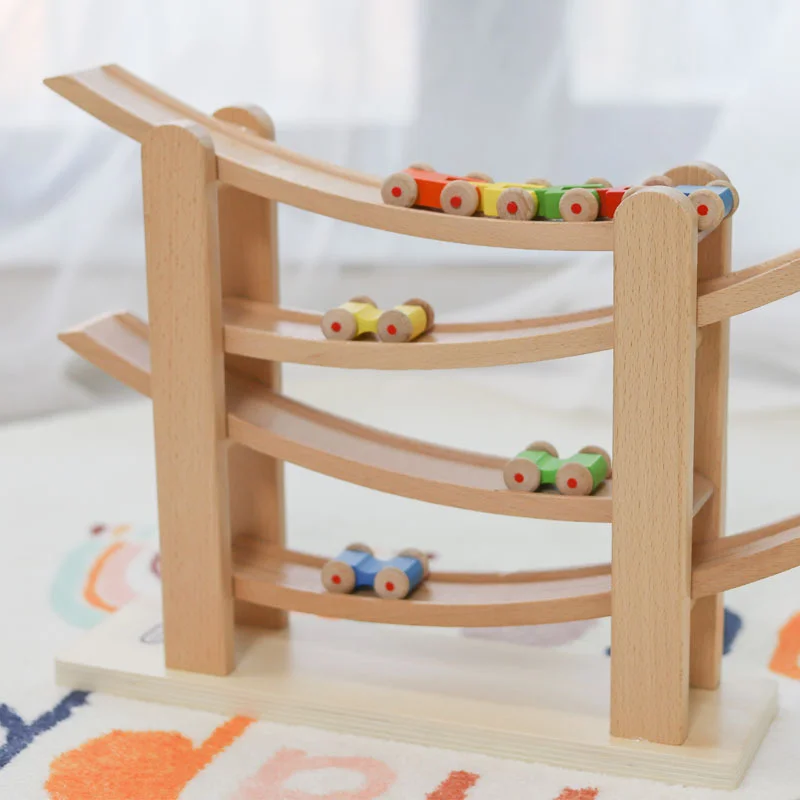 Educational mini montessori toy wooden car tracks race and ramps racing track wooden toy for kids