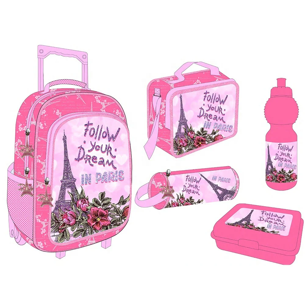 Kids Trolley School Bags Backpack with Wheels Two 5 PCS Sets School Backpack for Girls High Quality 5 in 1 School Trolley Bag