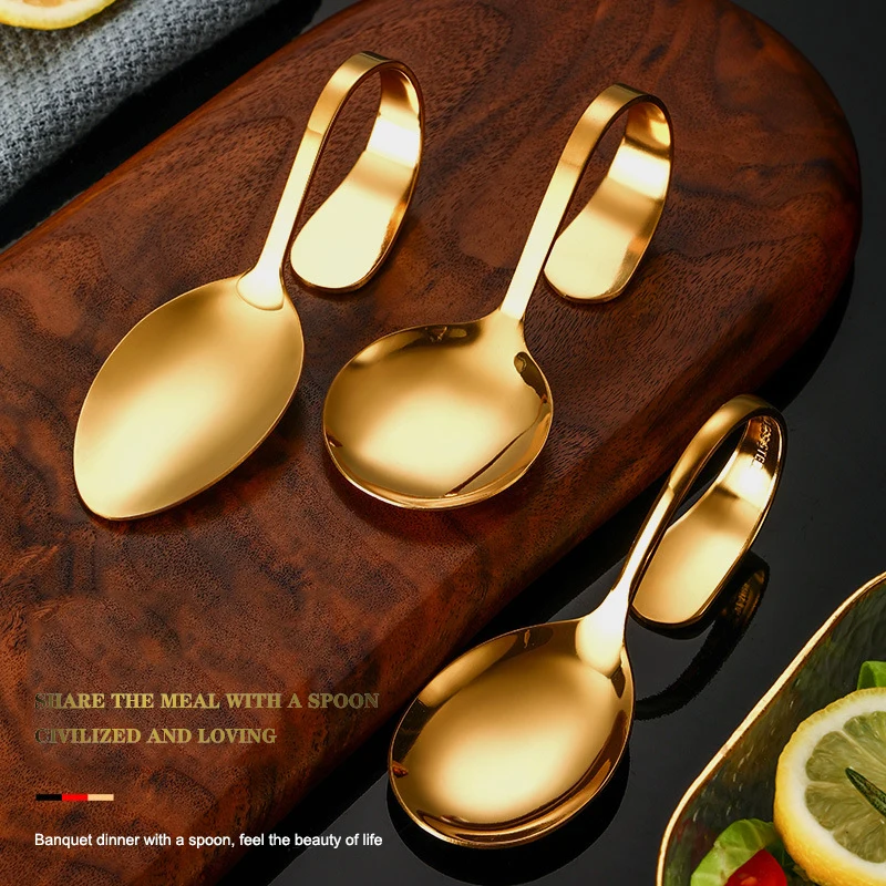 Stainless steel round spoon with curved handle buffet serving spoon