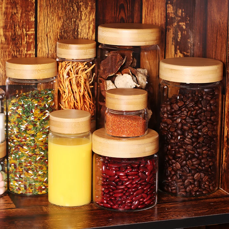 Kitchen Glass Candle Jars With Wooden Lids Food Storage Canister for Coffee and Paste Large Glass Jar With Screw Top Lid