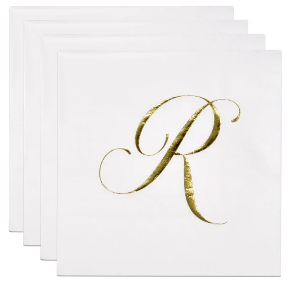 Gold Monogram Cocktail Napkins Letter R Disposable Paper Elegant Metallic Golden Foil Hand Napkin for Wedding Holiday Birthday