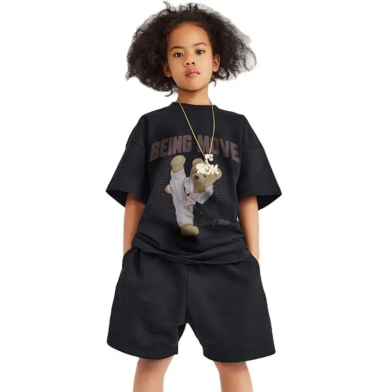European American Style Kung Fu Bear Print round O-Neck Short-Sleeved Cotton Top Kids Woven Fabric Washed Technics Spring Summer