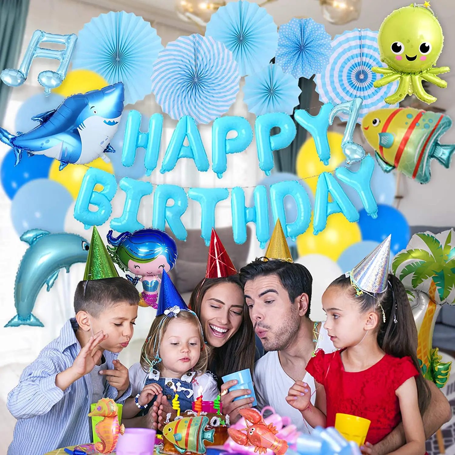 Sea animal theme birthday party decoration children blue background shark and dolphin balloon birthday party supplies