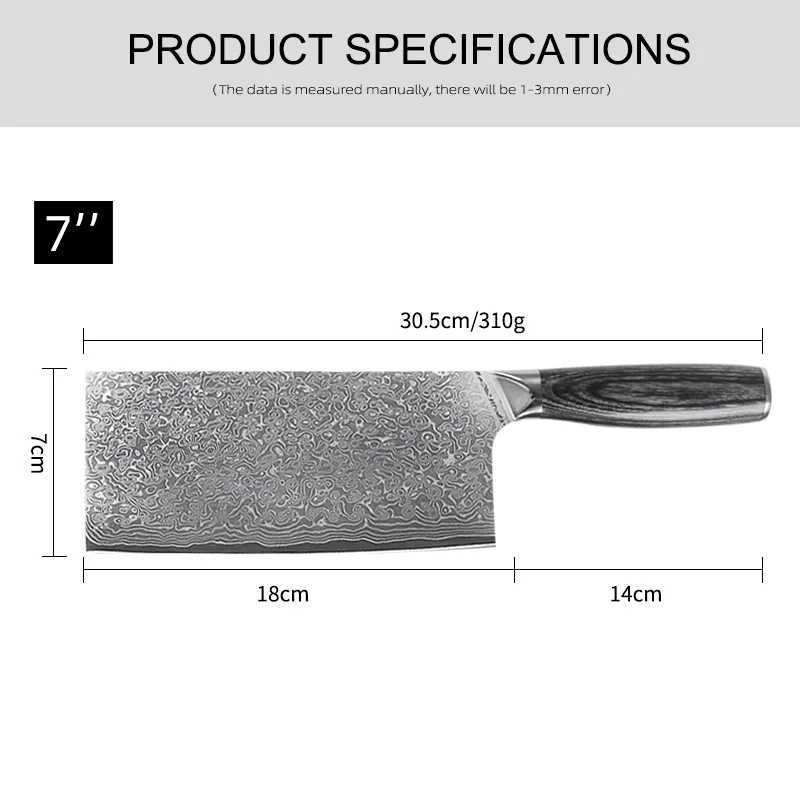 New West 67 Layers Damascus Steel Daily Cutting Kitchen Chopper Cleaver Knife With Pakka Wood Handle