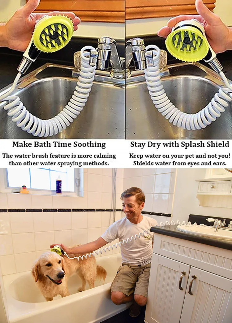 Quality Sink Faucet Pet Wash Kit | Innovative Shower Brush Head w/ Splash Shield | 8 ft Hose & Metal Faucet Adapter | Kitchen, B