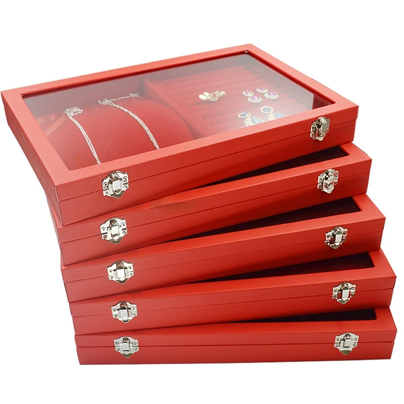 Large Red Velvet Jewelry Box with Glass Lid Dust Proof Necklace Storage Case 35*24*4.5cm