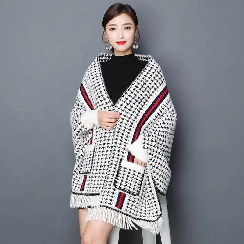 
Fashion Autumn and Winter Mink Cape Shawl Wth Sleeves Houndstooth Striped Cloak Stoles And Shawls Women 