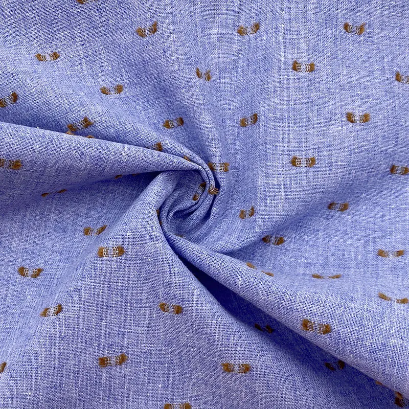 SS2024 men shirt woven plumetis cutting motif yarn dyed denim blue colors 50% cotton 40% poly 10% linen blended fabric