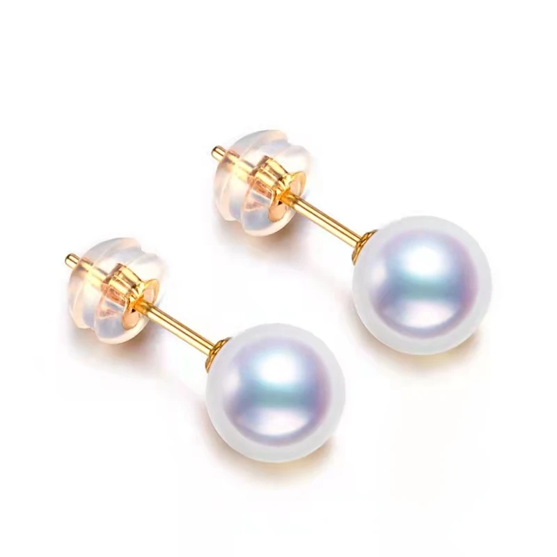 Wholesale 18K gold AAA grade best quality 7-7.5mm real seawater Japanese akoya pearl perfect round earring