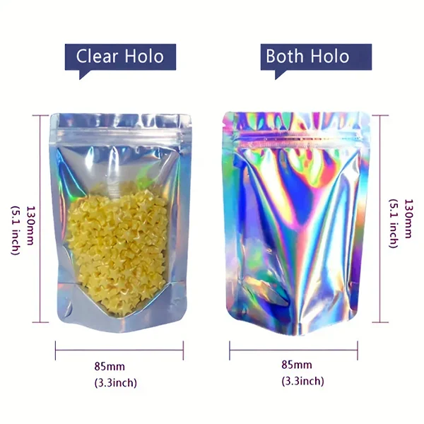Custom Glossy Holographic Three-Sided Sealing Laser Film Plastic Food Packaging Bag with Zipper Top Smell Proof