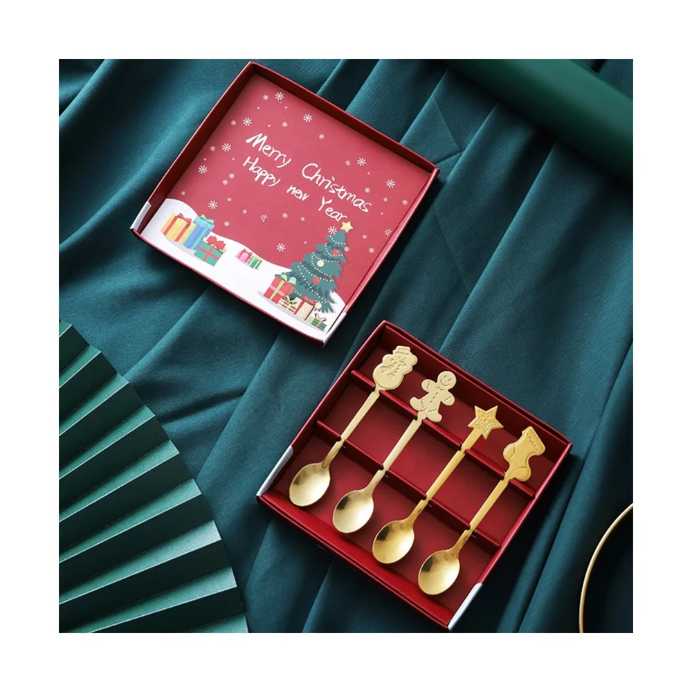 Christmas themed stainless steel spoon set with gift box exquisite Gold Silver  round spoon tableware creative business gift