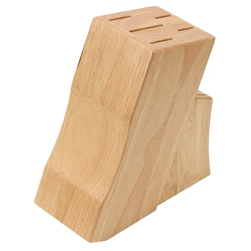 Factory Rubber Wood 9 Slots Knife Holder Surface Curved Bevel Kitchen Knife Storage Block Organizer