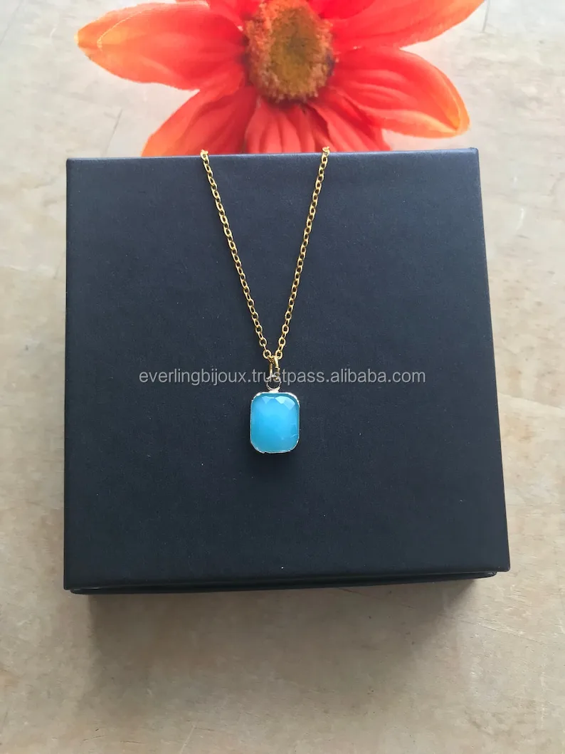 Antique Natural Swiss Blue Topaz Octagon Pendant Necklace December Birthstone Jewelry Gold Silver Plating Brass Jewelry Charms
