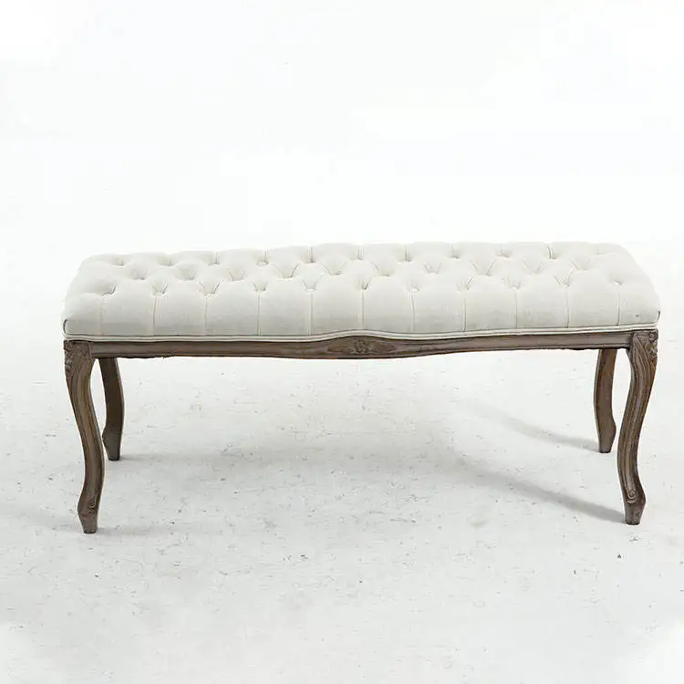 Custom White Rubber Wood Ksf25001Solid rustic Wood bench Cotton Linenfabric Bedroom Wood Bench