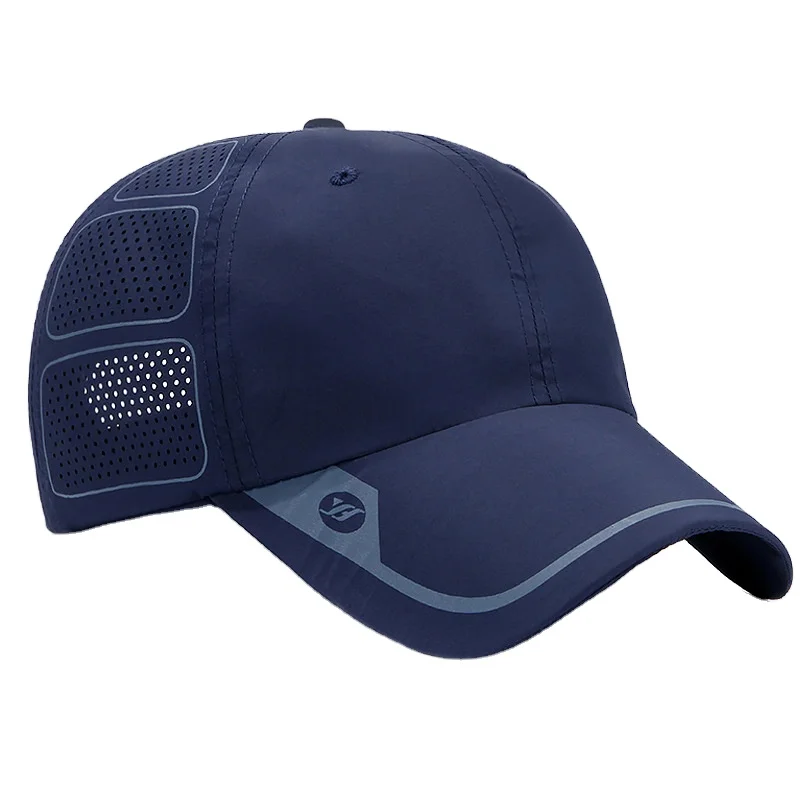 OEM 6 Panel Luxury Quick Dry Black Nylon Sports Cap Custom Logo Laser Cut Drilled Hole Waterproof Snapback Cap Metal Closure Hat