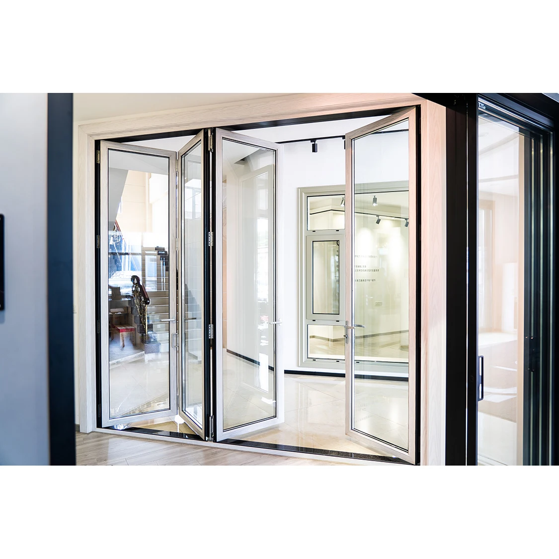 Low-e glass folding doors for rooms soundproof indoor aluminum alloy folding door custom black slide and fold door