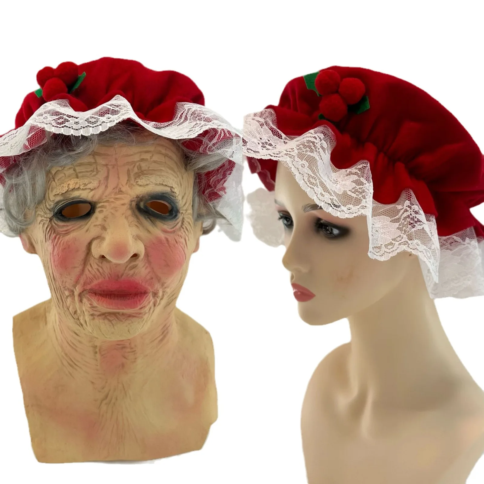 Old Lady Mask Mrs Santa Claus Women Latex Mask Halloween Christmas Grandma Granny Scary Masks, Adult Size