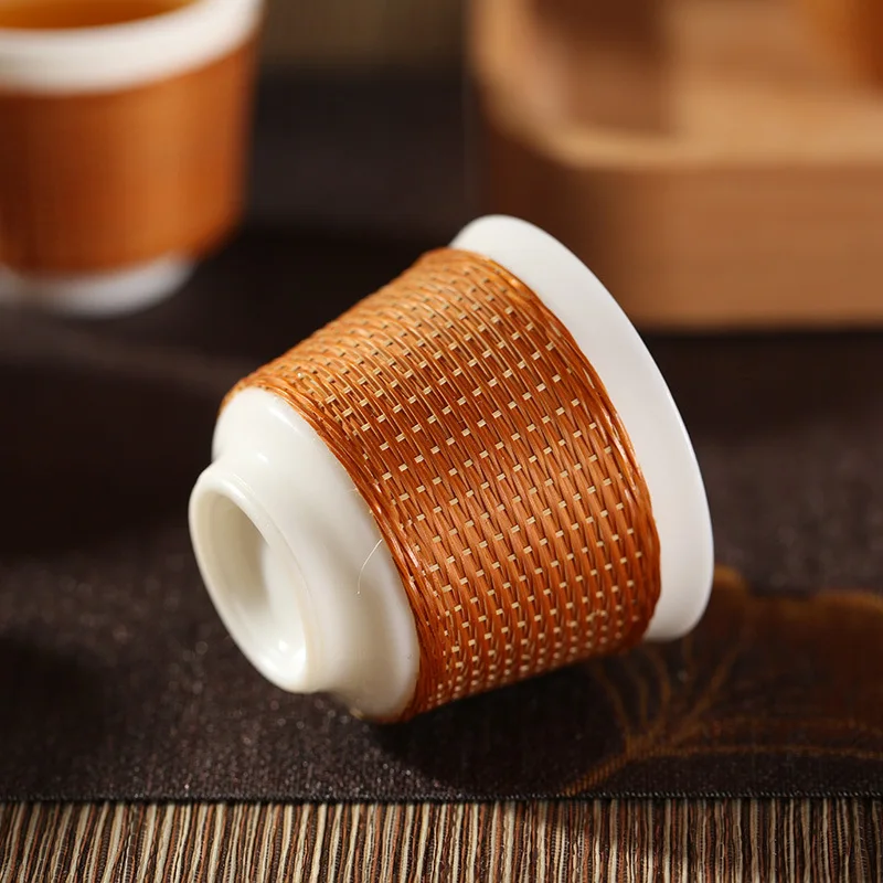 Intangible cultural heritage handmade bamboo woven bamboo wire clasp porcelain anti-scalding Dehua tea set
