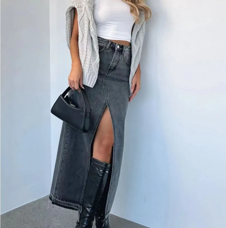 Elegant European and American Women s High Waisted Denim Skirt Fashionable Solid Color Half Skirt with Slit