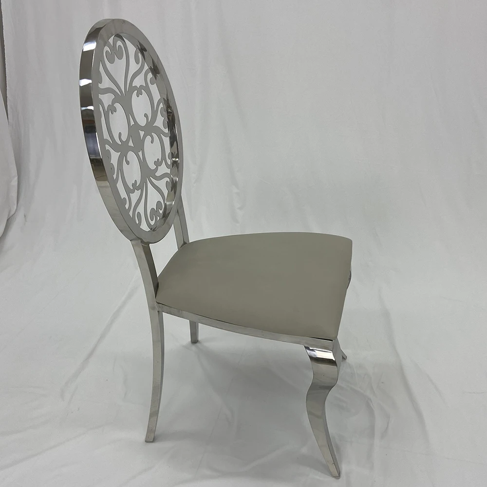 2024 New Design Round Back Gold White Leather Banquet Dinner Chair Stainless Steel Wedding Chair For Event Rental